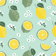 Seamless pattern of abstract tropical limes or lemons fruits with leaves and flowers vector illustration