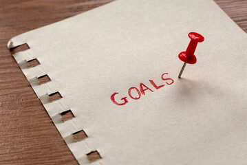 A paper written with GOALS with a red push pin beside.