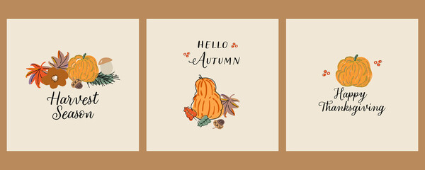 cute Autumn harvest seasonal greeting cards or postcards set 