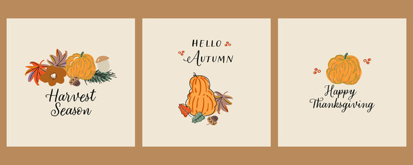 cute Autumn harvest seasonal greeting cards or postcards set 