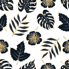 Seamless pattern of luxury golden floral tropical flowers and leaves vector illustration