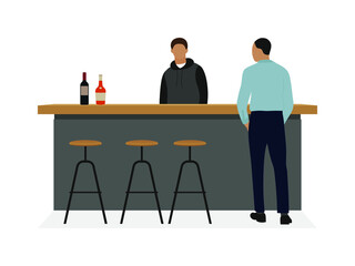 Two male characters stand near a bar table with alcohol on a white background