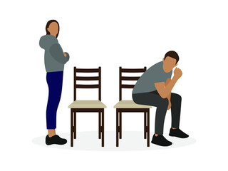 Obraz premium A female character with arms crossed on her chest is standing near a chair, and a male character is sitting on another chair