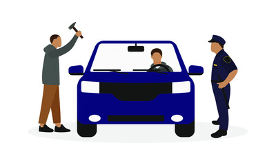 A male character is swinging a hammer at a car with a driver, next to which is a policeman in uniform - obrazy, fototapety, plakaty