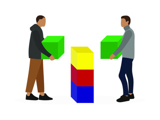 Obraz na płótnie Canvas Two male characters with large cubes in their hands are standing near a tower of cubes on a white background