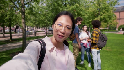 Pov shot of young asian woman smiling happy doing video call at park