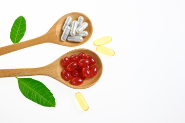 Alternative medicine, pills tablet, capsule and vitamin organic supplements good for health in wood...