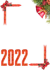 Obraz premium Christmas corner frame with tree branches, bows and 2022 new year number