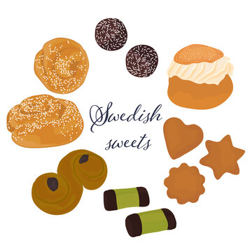 Traditional swedish sweets set. Semla, pepparkakor, dammsugare, lussekatt, kanelbulle and chokladboll. Vector illustration in cartoon style.