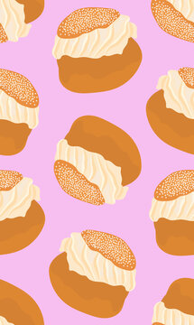 Swedish semla on pink background. Seamless pattern. Vector illustration in cartoon style.