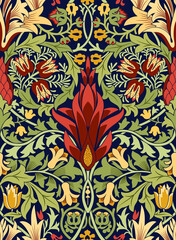 Floral seamless pattern with a large red flower in the center on dark blue background. Classic colors. Vector illustration. - 455736792
