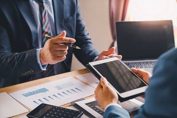 Business team meeting, presentation and brainstorming to making a profit of company collaboration discussing working analyzing with financial data and marketing business strategy project