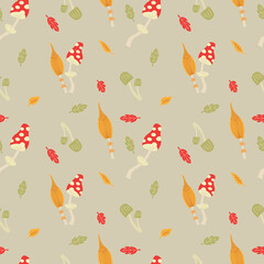 Autumn mushrooms with colorful leaves. Seamless illustration with amanita and toadstools. Fabric, background or wallpaper.