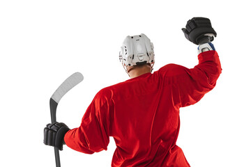Cropped portrait of male professional hockey player in special uniform isolated over white background. Back view © Lustre Art Group 