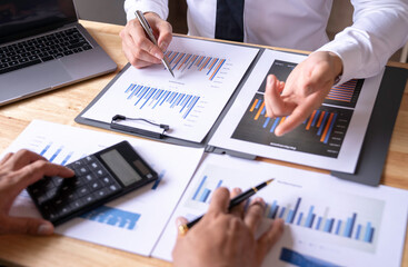 Business team meeting, presentation and brainstorming to making a profit of company collaboration discussing working analyzing with financial data and marketing business strategy project