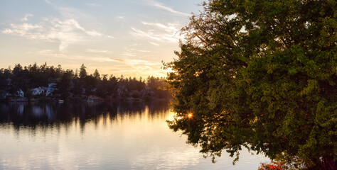 View of a river at Gorge Park, Victoria, Vancouver Island, BC, Canada. Colorful Sunny Summer Sunset.