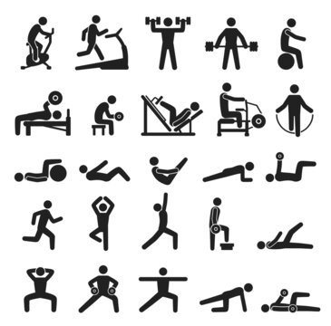 Fitness exercise icons, sport workout pictograms. People doing yoga, exercising, jogging. Various sports activities silhouette vector icon set. Characters with training with dumbbells