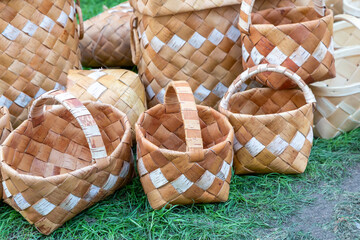 baskets wooden bast with white stripe traditional container for collection and storage