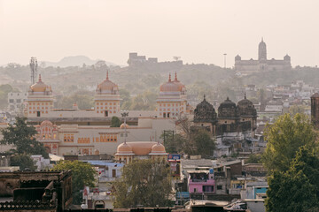 Fototapeta premium An aerial skyline of the ancient Hindu temples and monuments in the town of Orchha.