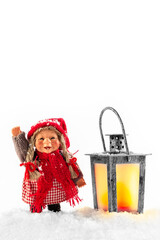 Christmas elf with a candlestick. New Year 2022. Card. Poster. Photo