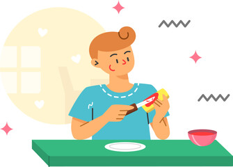 person eating breakfast flat illustration for autumn theme