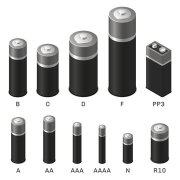 Set of realistic batteries in isometric view. Various types of batteries. Vector illustration.