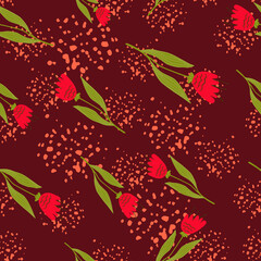 Retro wildflower seamless pattern on red background. .