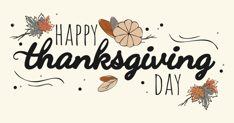The inscription congratulations on the Thanksgiving holiday. With additional elements in the form of pumpkins, leaves, branches, dots
