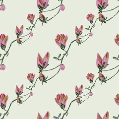 Seamless pattern Magnolias on light green background. Beautiful ornament with spring flowers.