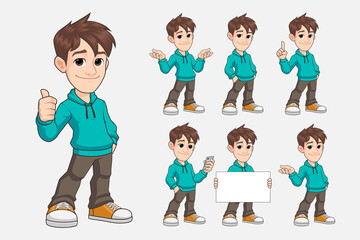 set of young man cartoon mascot character in casual clothes premium vector