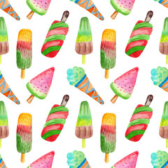 Watercolor ice cream seamless pattern izolated on white background. Food illustration wallpaper.