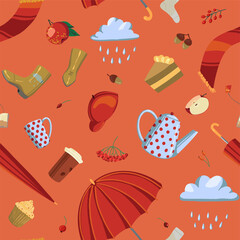 Autumn mood vector seamless pattern. Fall season accessories, umbrellas, cozy tea attributes, clouds. Colored ornament, abstract cartoon design for print, background, wallpaper, textile, fabric, decor