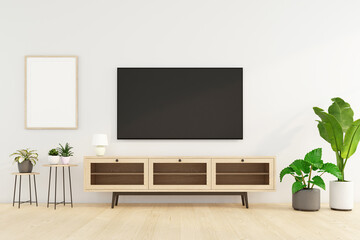 Minimalist living room with tv cabinet and side table, white wall and green plant. 3d rendering