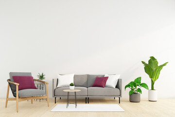 Minimalist living room with sofa and armchair, white wall and green plant. 3d rendering