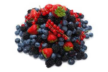 Blackberry, raspberry, blueberry,  red currant and mint background.