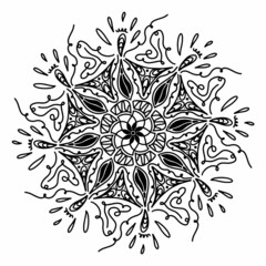 Abstract modern vector mandala with curls, drops, leaves, flower, triangular in doodle style isolated on white background. Illustration for seasonal design, textile, decoration greeting card.