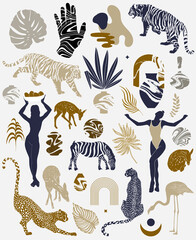 Vector hand drawn minimalistic illustration of zebra, flamingo, cheetah, arch, vase, girls, favns. Template for card, poster, banner, print for t-shirt, pin, badge, patch.