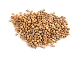 Heap of dried coriander seeds on white background, top view