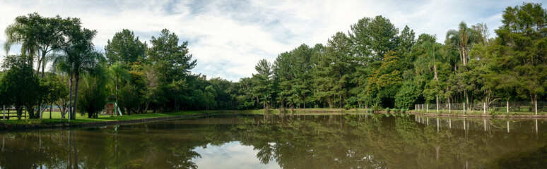 Panoramic. Lake surrounded with beautiful trees. Brazilian forest.
