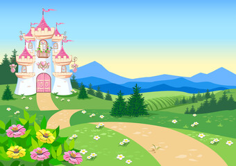 Fairy tale background with princess castle in the forest. Castle with pink flags, precious hearts, roofs, towers and gates in a beautiful landscape. Vector illustration for a fairy tale. © liana2012