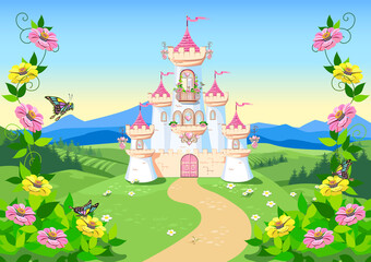 Fairy tale background with princess castle in the forest. Castle with pink flags, precious hearts, roofs, towers and gates in a beautiful landscape. Vector illustration for a fairy tale. © liana2012