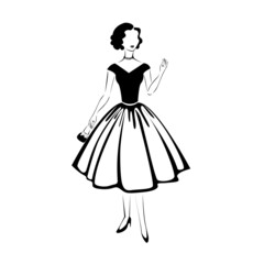 Fototapeta premium Beautiful and elegant girl in retro clothing silhouette. 1950 year. Vector illustration isolated on white background.