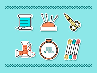 Vector set of hand made stickers. Embroidery stuff. Floss, thread, needles, scissors, pincushion, hoop, bobbin, cross stitches