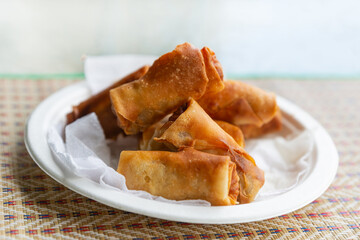 spring roll with shrimps and vegetables on a white plate