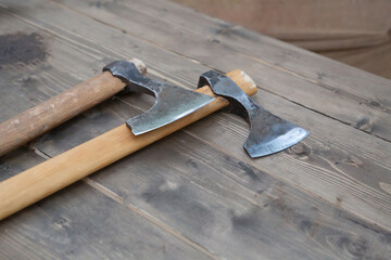 iron axes with wooden handle, construction tools