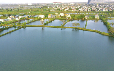 Aerial view of a fishponds paddocks in the countryside