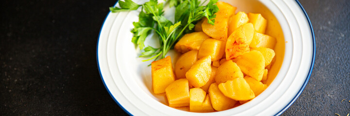 stewed potatoes spices no meat fresh portion ready to eat meal snack on the table copy space food background rustic. top view keto or paleo diet veggie vegan or vegetarian food