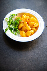 stewed potatoes spices no meat fresh portion ready to eat meal snack on the table copy space food background rustic. top view keto or paleo diet veggie vegan or vegetarian food