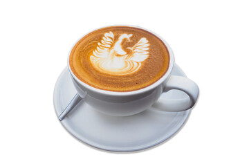 The white beautiful cup of hot coffee which have latte art as a swan on the surface of the latte...