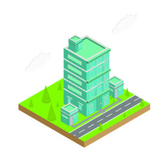 building and office security isometric vector design with courtyard and street in front of the building